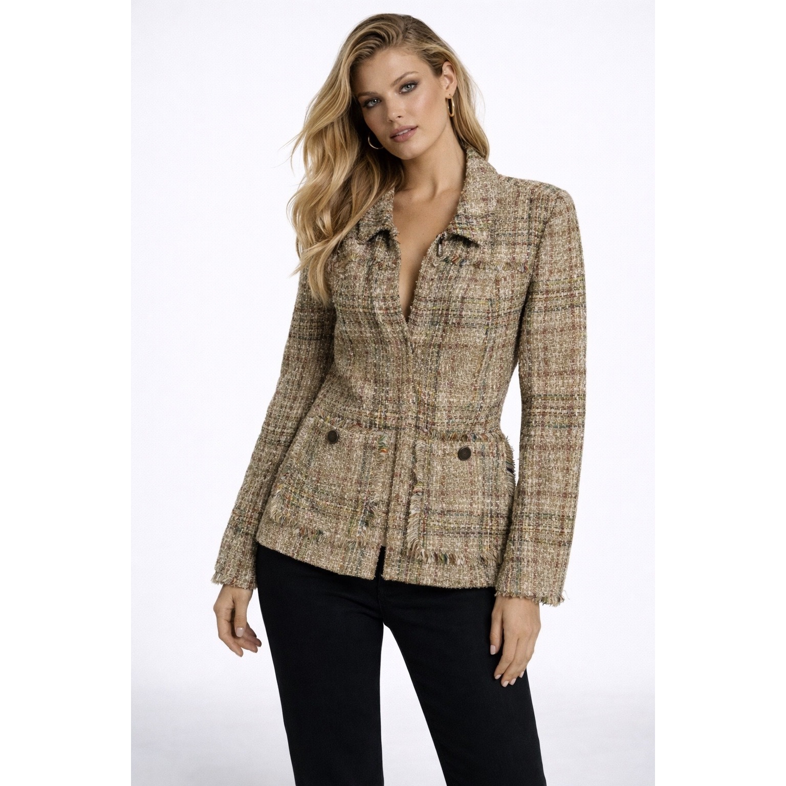 Etcetera Tweed Plaid Fringe Blazer Jacket Women's Size 10 Brown Multi Color